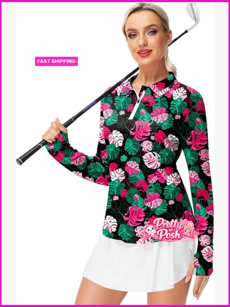 Long Sleeve Zip Polo Golf Shirt With Thumb Hole, Breathable Polyester Blend